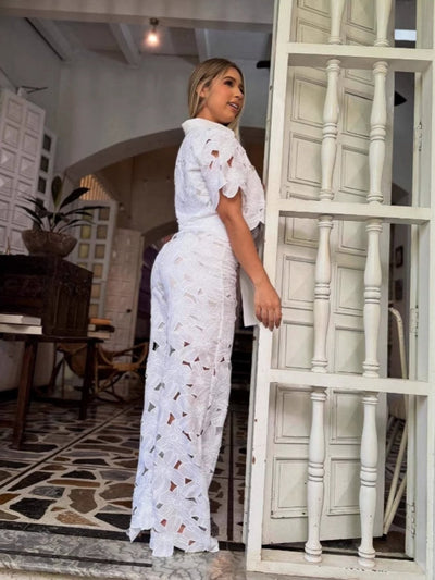 Cut-Out Cardigan Top Wide-Leg Pants Set