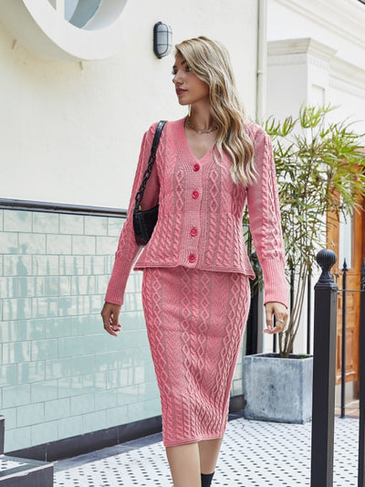 Casual Knit V-Neck Sweater & Bodycon Skirt Set