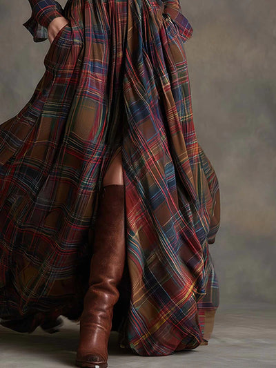Retro Lapel Reddish Brown Plaid Maxi Dress