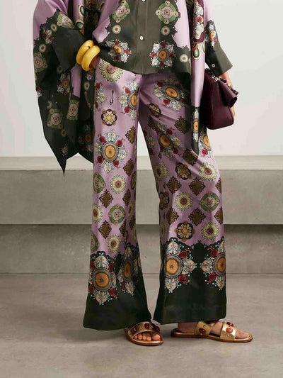 Retro Fine Satin Floral Print Wide Leg Pants Set