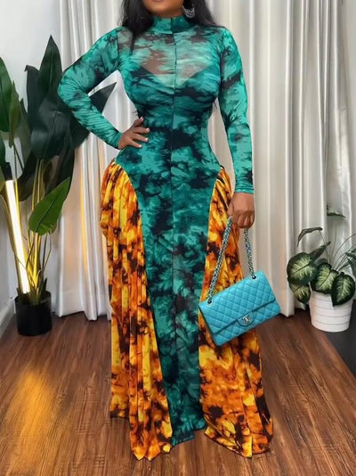 Teal & Orange Tie-Dye Mesh Panel Maxi Dress