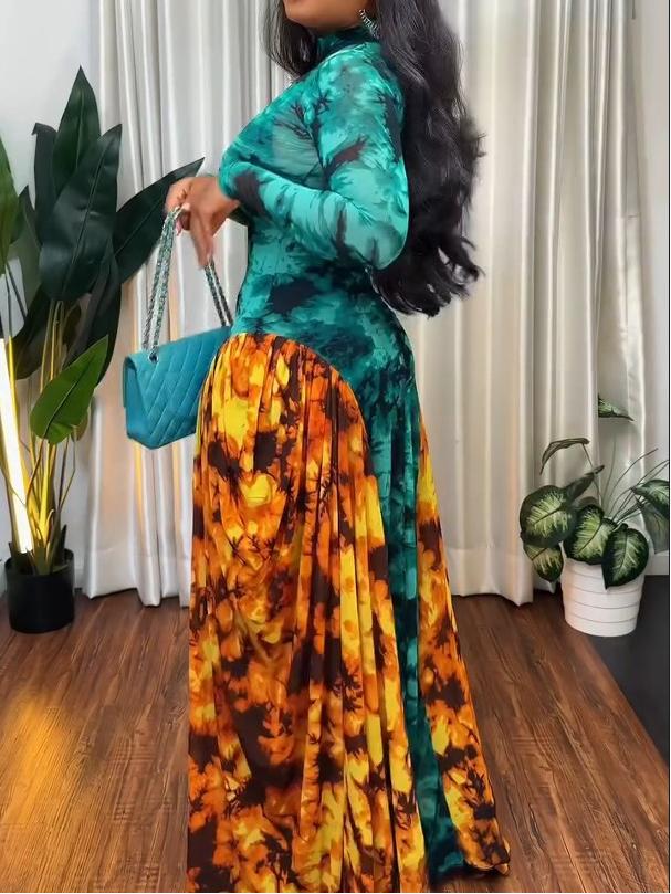 Teal & Orange Tie-Dye Mesh Panel Maxi Dress