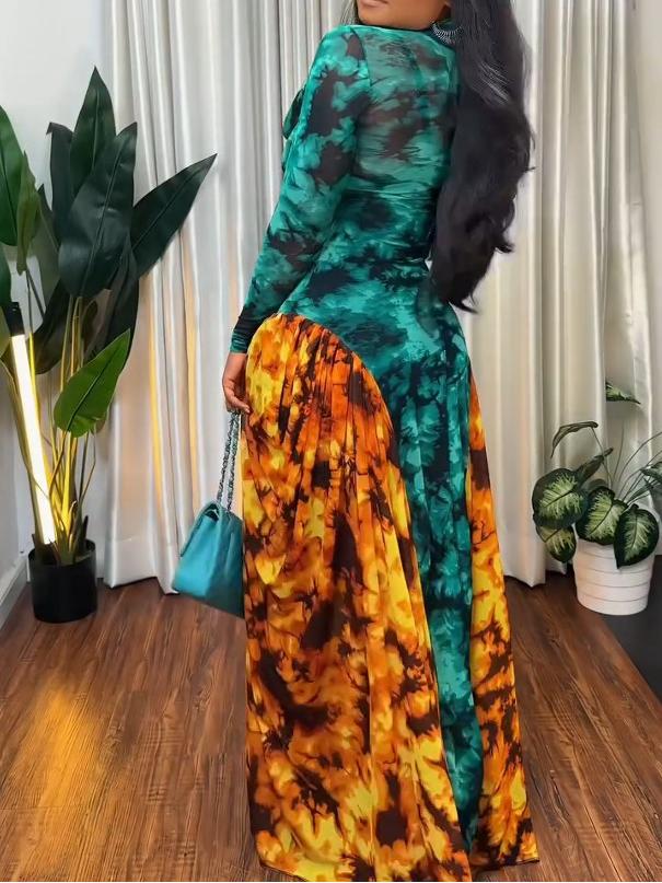 Teal & Orange Tie-Dye Mesh Panel Maxi Dress
