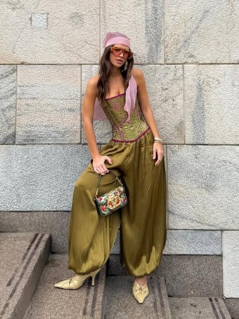 Brocade Corset & Satin Harem Pants Set