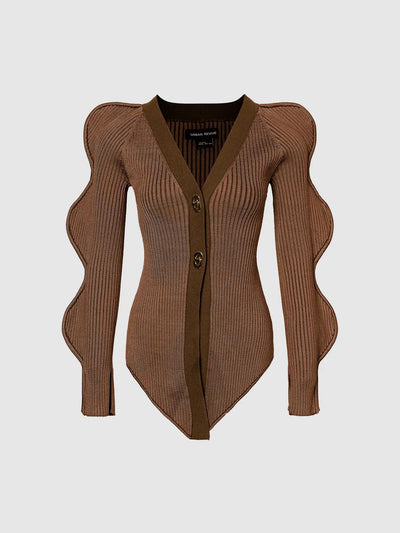 Sculptural Wave Sleeve Ribbed Knit Cardigan
