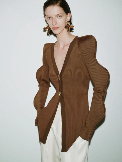 Sculptural Wave Sleeve Ribbed Knit Cardigan