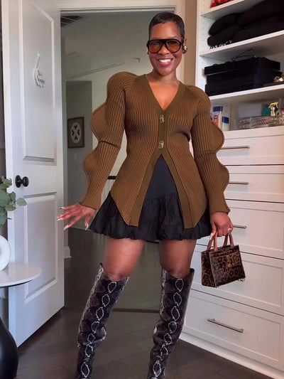 Sculptural Wave Sleeve Ribbed Knit Cardigan