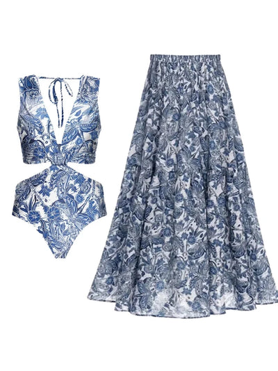 Dragonfly V Neck Cutout Skirted Swimsuit Set