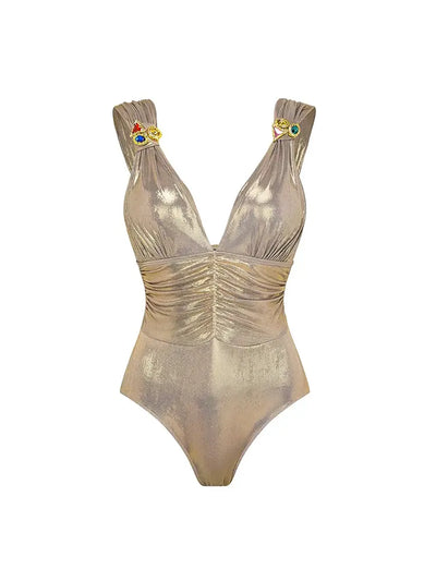 V-Neck Ruched Rhinestone One-Piece Swimsuit