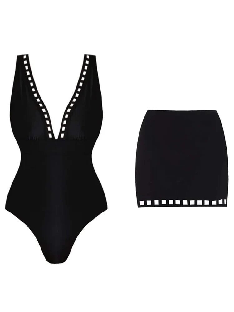 Sexy Cutout Swimsuit with Mini Skirt Set