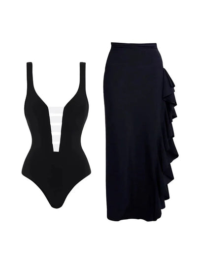 Colorblock Minimal One Piece Swimsuit Set