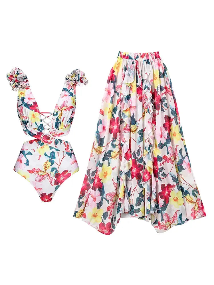 3D Floral Cutout Swimsuit One Piece Set