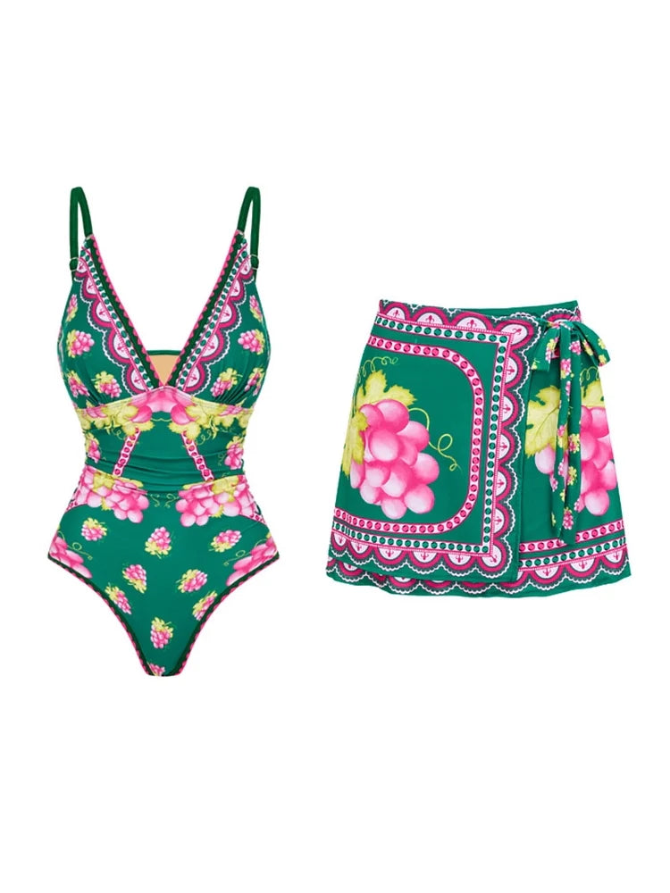 Deep V Spaghetti Strap Skirted Swimsuit Set