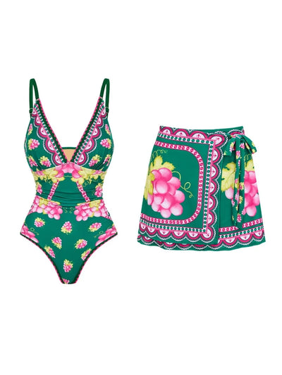 Deep V Spaghetti Strap Skirted Swimsuit Set