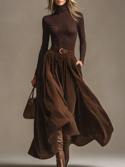Dark Brown Turtleneck Top And Corduroy Skirt Set