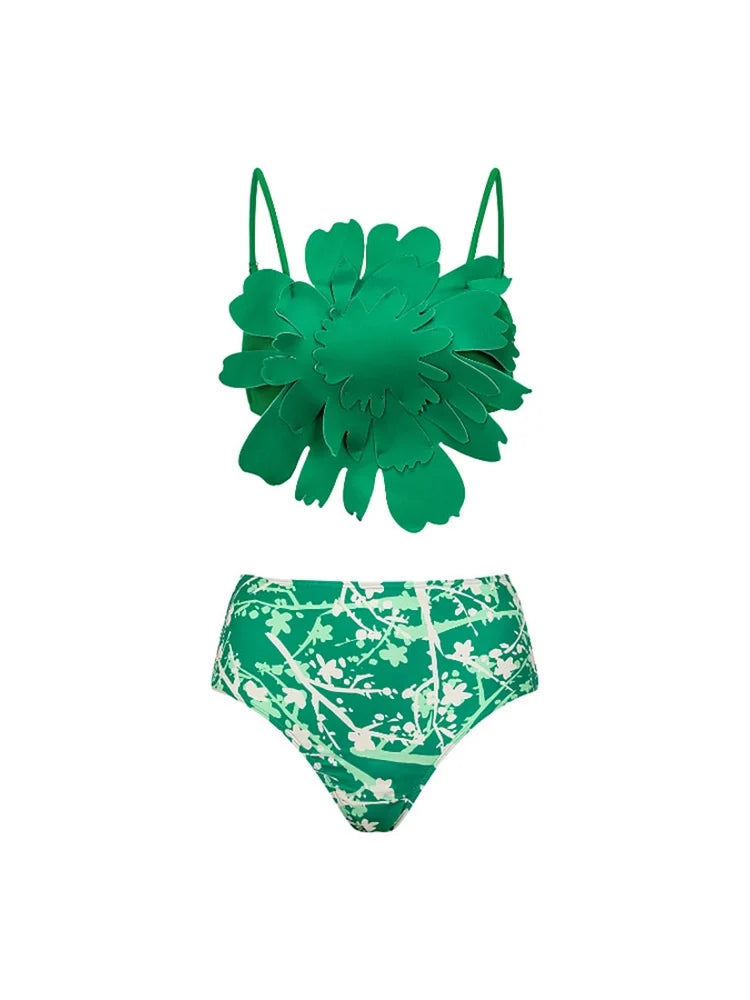 Floral Accent Green Printed Bikini Set