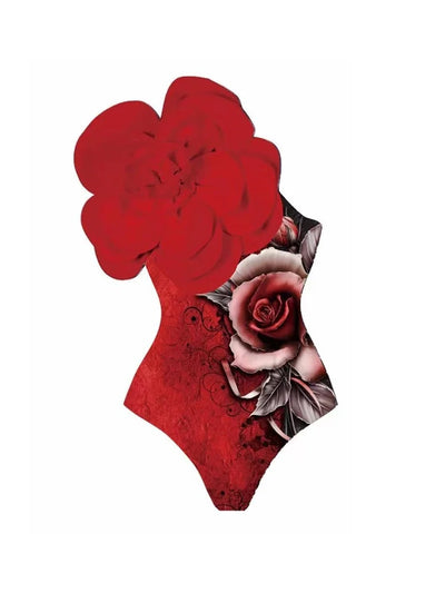 3D Red Floral Print One-Piece Swimsuit Set