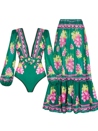 Deep V Retro Print Long Sleeve Swimsuit Set