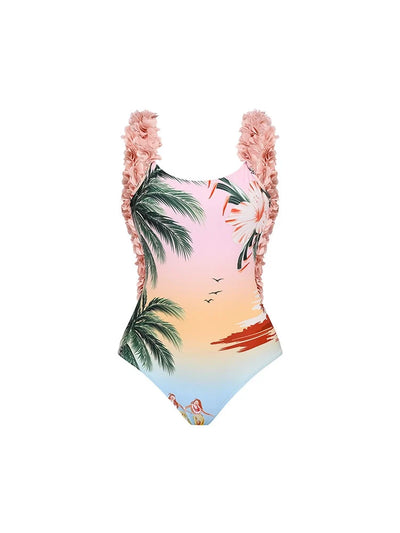 Coconut Tree Print Appliqué One-Piece Swimsuit
