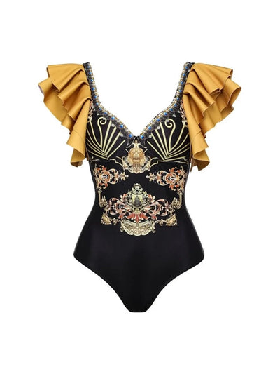 Black Gold Ruffle Swimsuit Set