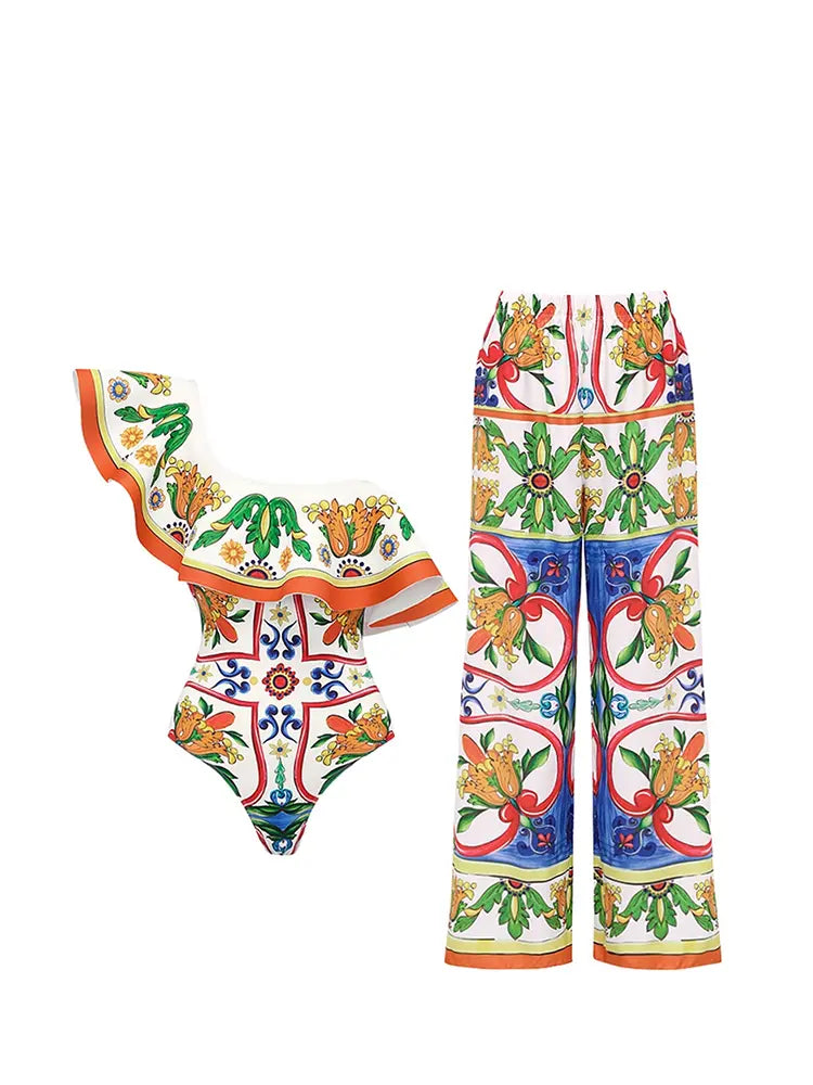 One Shoulder Enamel Print Swimsuit Set