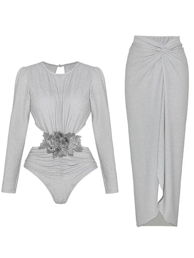 Silver Glossy Long Sleeve One-Piece Swimsuit