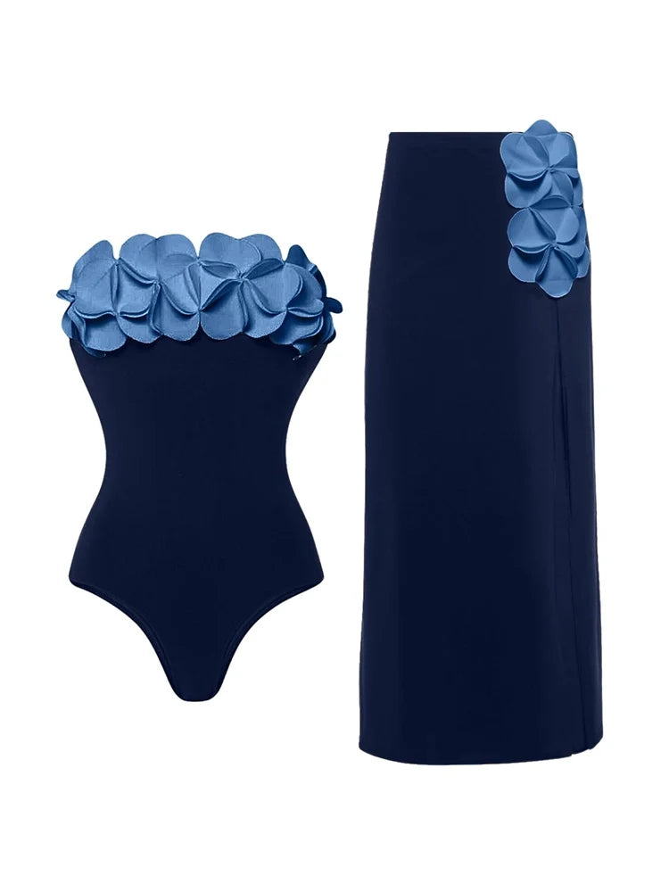 Blue 3D Floral Strapless Swimsuit