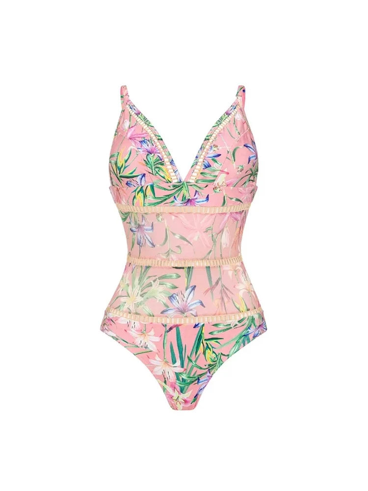Mesh Patchwork Printed Swimsuit Set