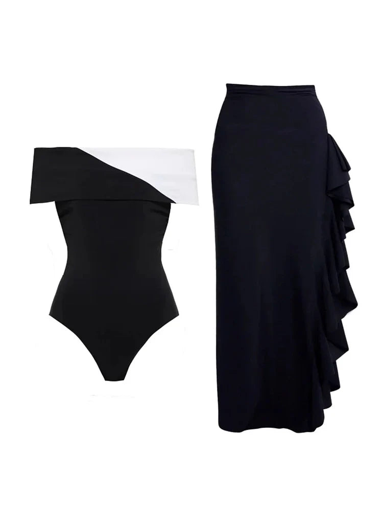 Colorblock Minimal One Piece Swimsuit Set