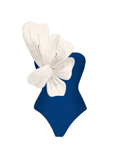 Blue Swimsuit Set Pearl Floral Accents