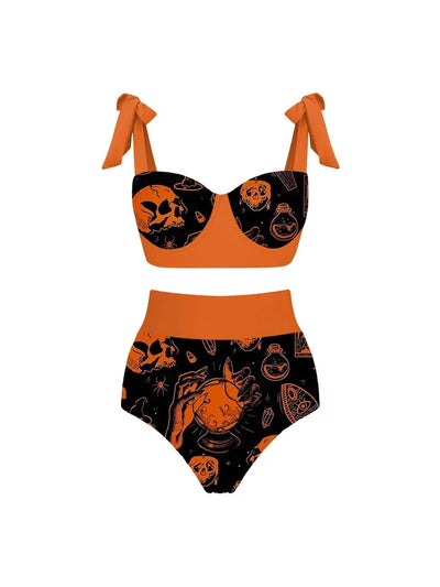 Halloween Pumpkin Skull Print Bikini Set