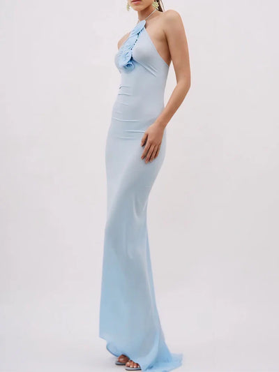 Floral Applique Halter-neck Jersey Maxi Gown in Blue