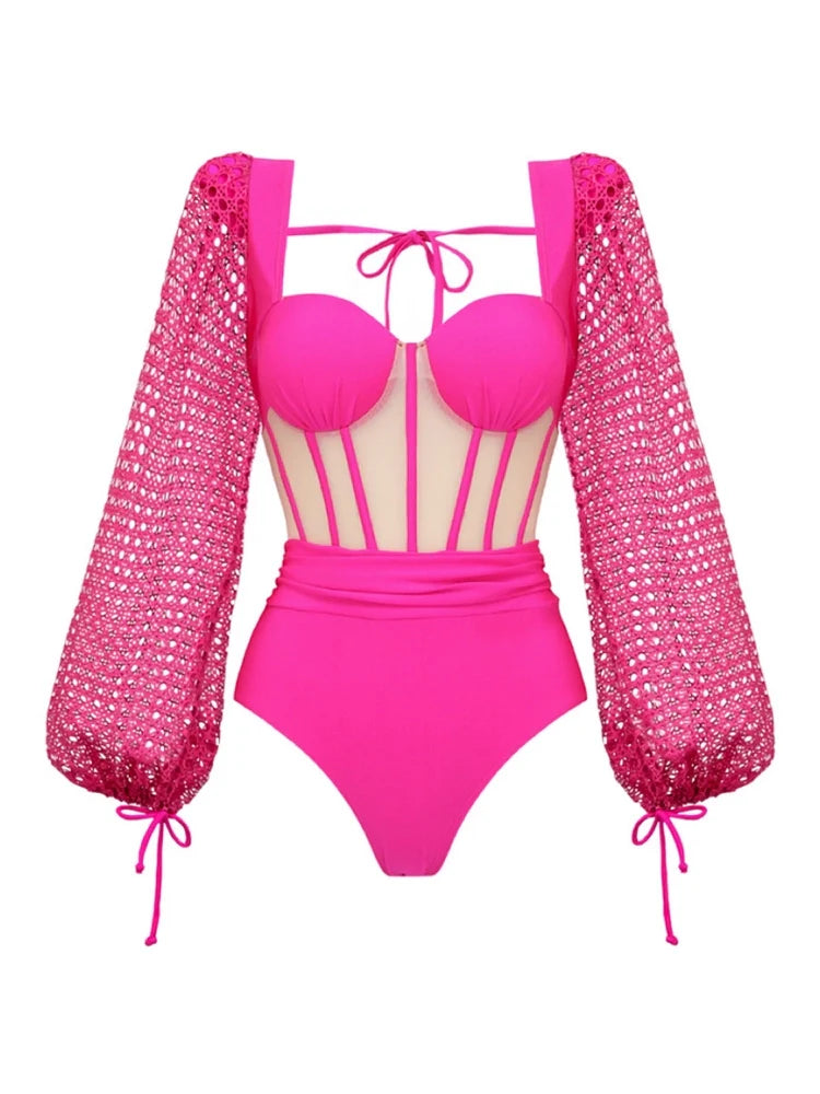 Fluorescent Pink Backless Swimsuit Set