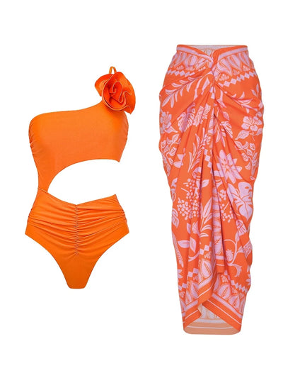 3D Floral Glossy Solid Swimsuit Set