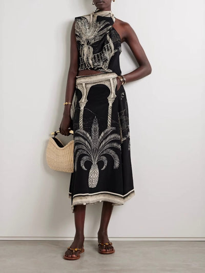 Satin Palm Tree Print Top and Midi Skirt Set