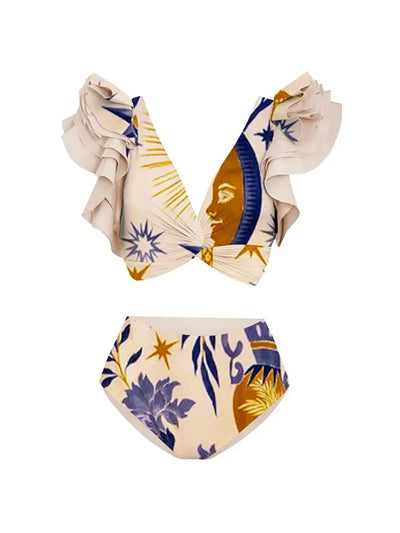 Ruffled Ethnic Print Bikini Set for Women