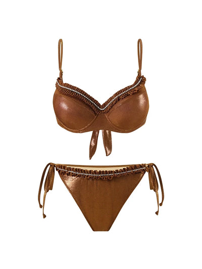 Ruched Tie Brown Glossy Bikini Set