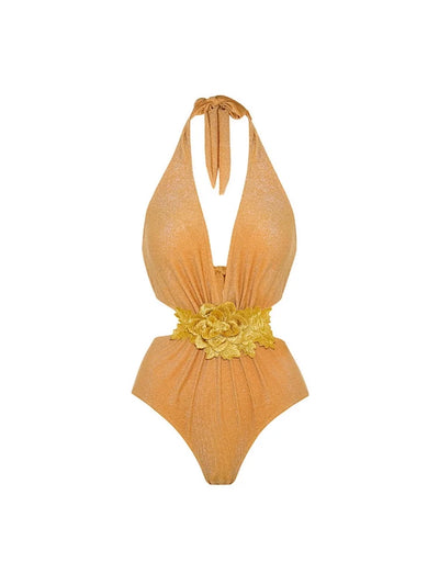 Golden Halter Deep V One-Piece Swimsuit