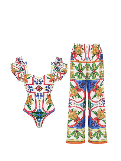 Ruffle Enamel Floral Print Swimsuit Set