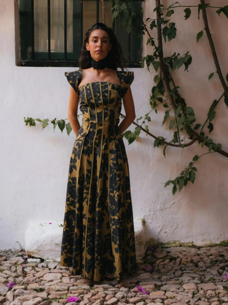 Vintage Print Strapless Maxi Dress