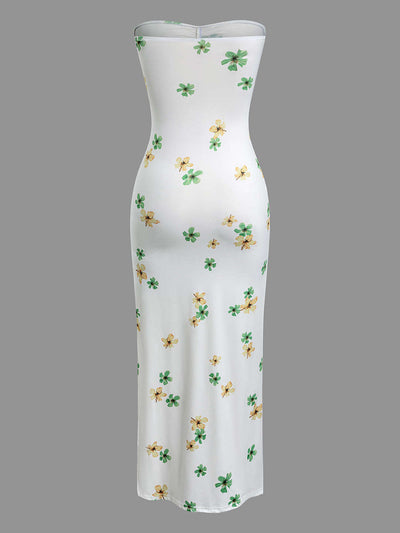 Floral Print Ruched Slit Strapless Maxi Dress