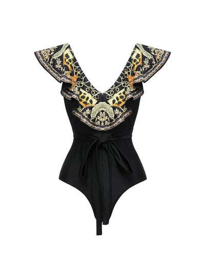 Black Gold Print Ruffle Tie Swimsuit Set
