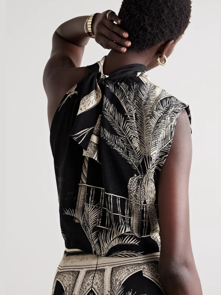 Satin Palm Tree Print Top and Midi Skirt Set