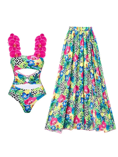Orchid Strap Print Spaghetti Swimsuit Set