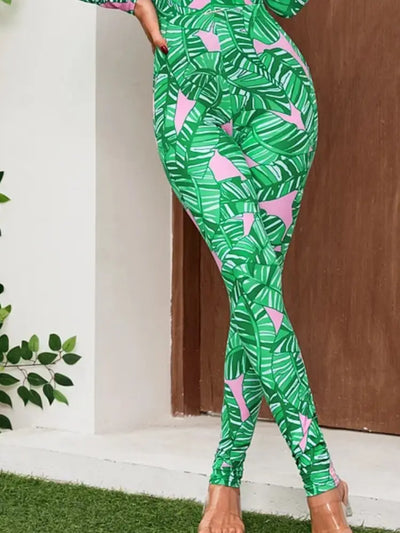 Green Zip Long Sleeve Printed Surf Swimsuit Set