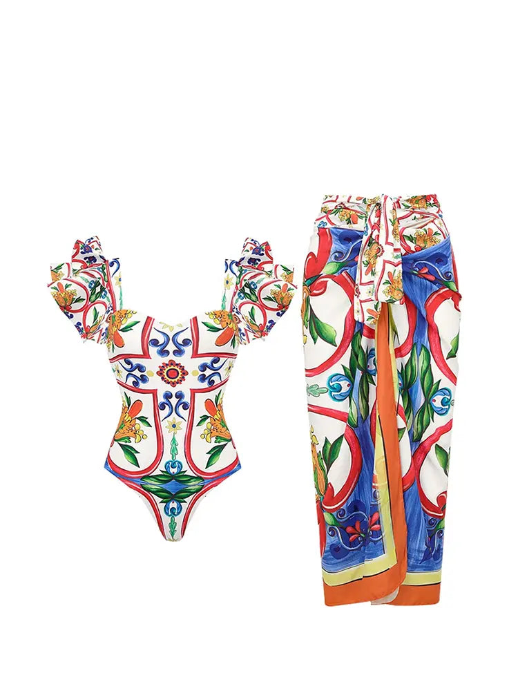 Ruffle Enamel Floral Print Swimsuit Set