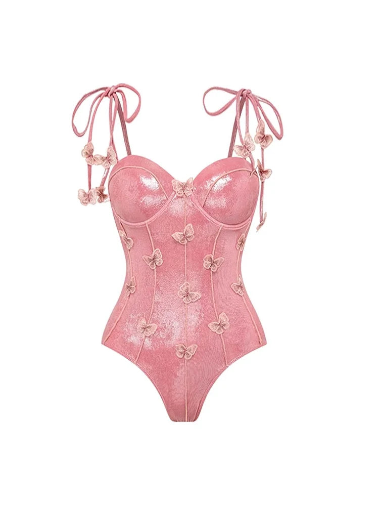 Pink Glossy One-Piece with 3D Butterfly
