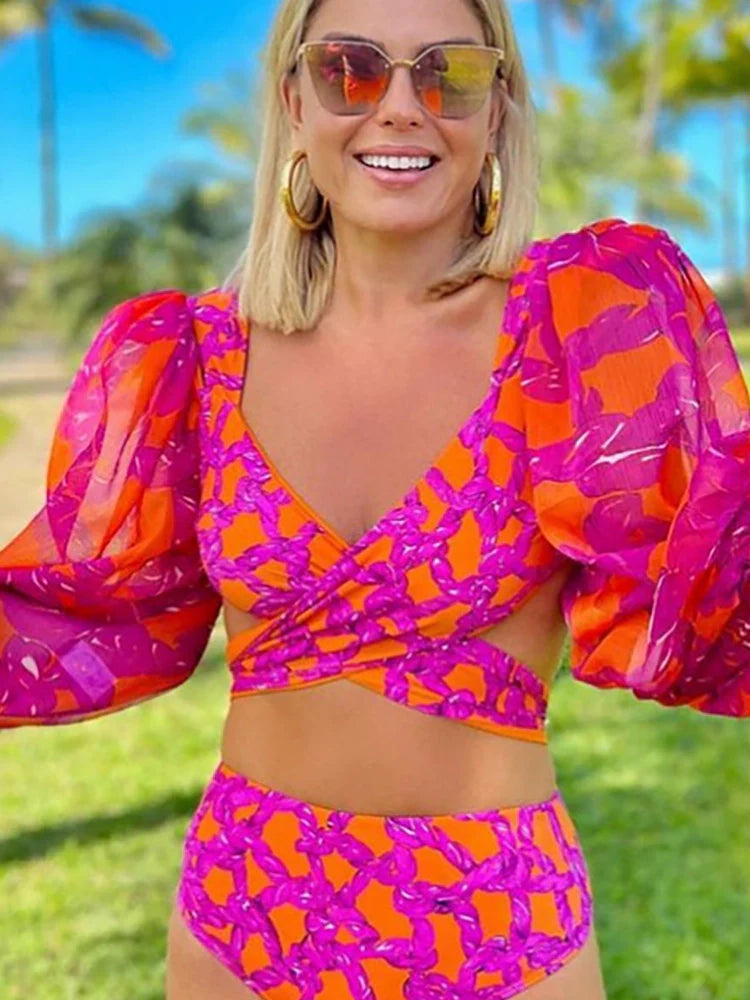 Long-Sleeve Tie-Up Printed Swimsuit Set