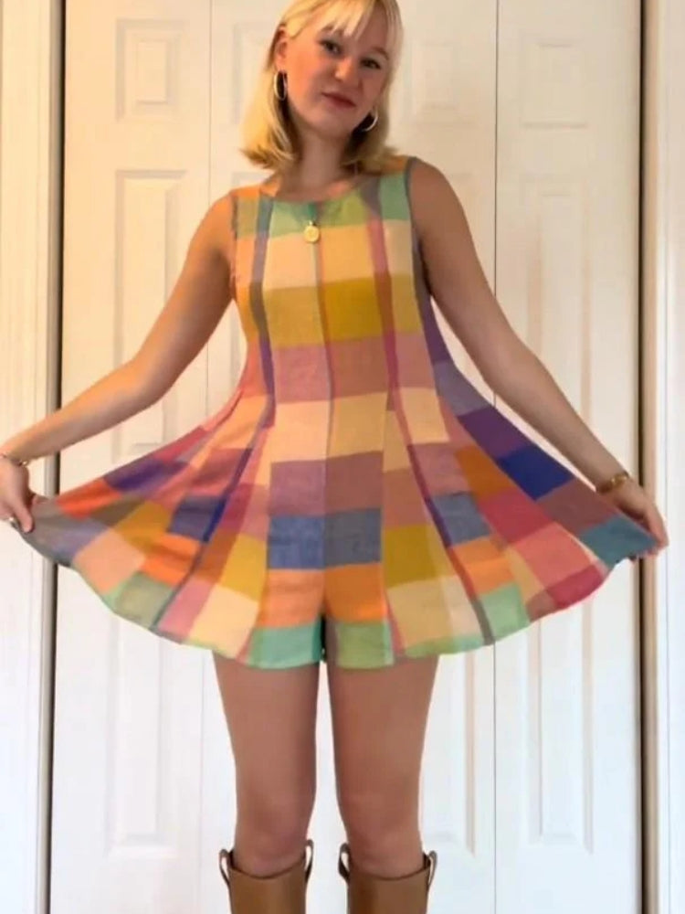 Vibrant Patchwork Grid Sleeveless Jumpsuit