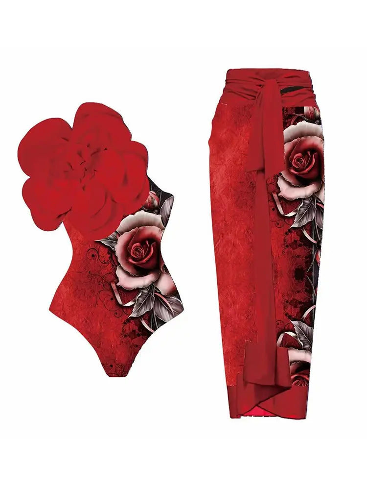 3D Red Floral Bust Accent Printed Swimsuit